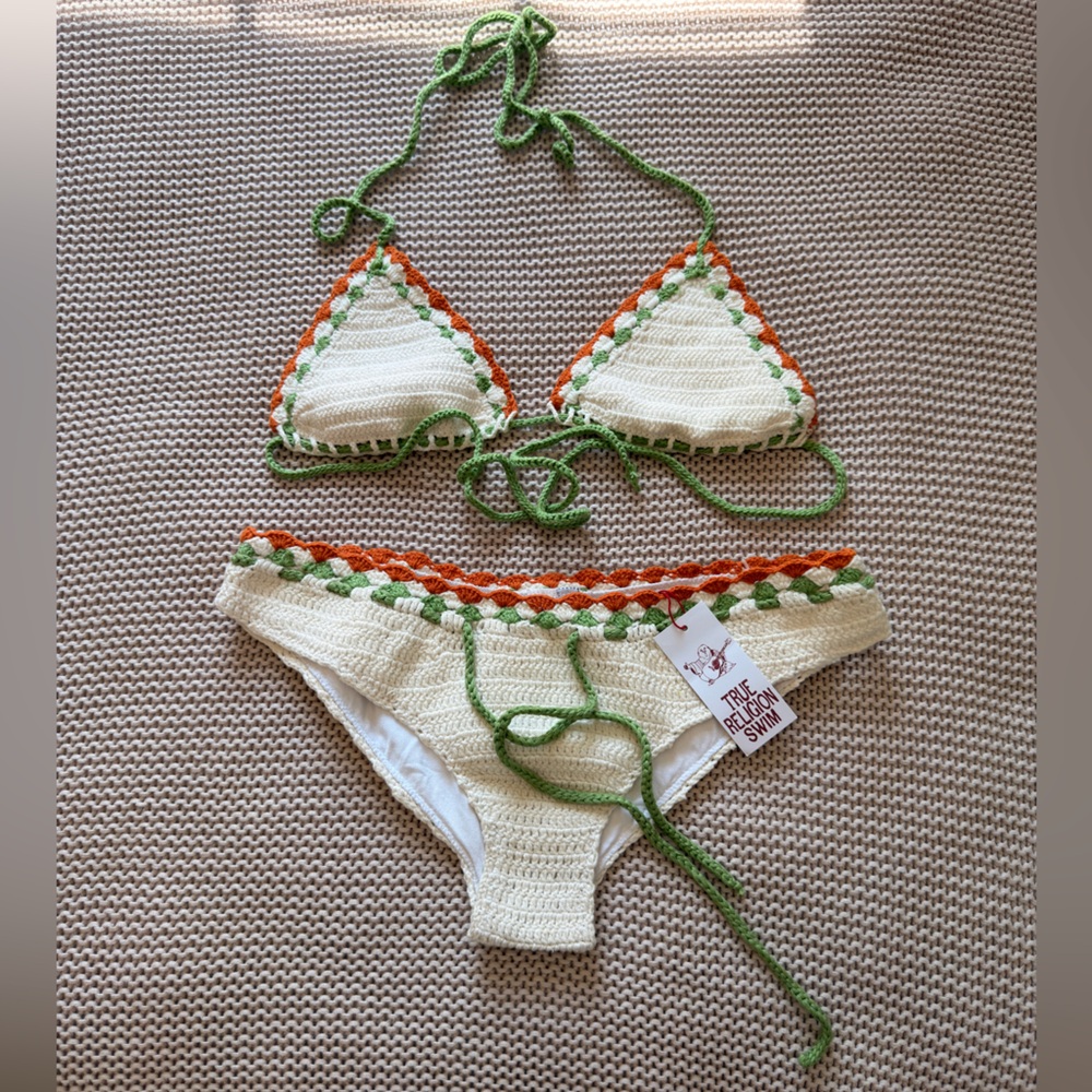 True Religion Cream Crochet Bikini with Green and Orange Trim